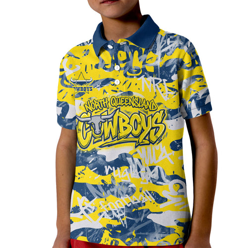 North Queensland Cowboys Rugby Kid Polo Shirt Graffiti Typography Urban Camo Abstract Street Style