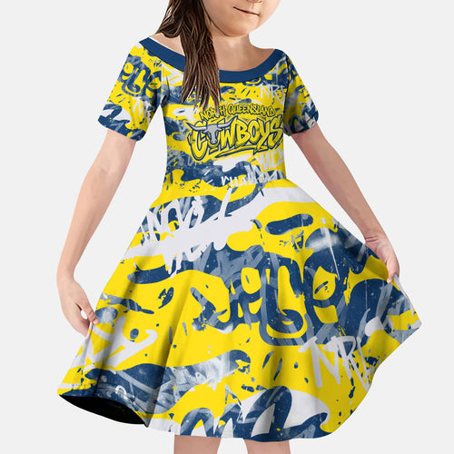 North Queensland Cowboys Rugby Kid Short Sleeve Dress Graffiti Typography Urban Camo Abstract Street Style