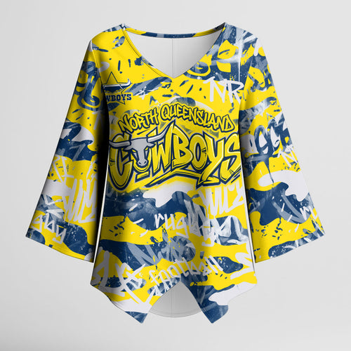 North Queensland Cowboys Rugby Kimono Sleeve Blouse Graffiti Typography Urban Camo Abstract Street Style