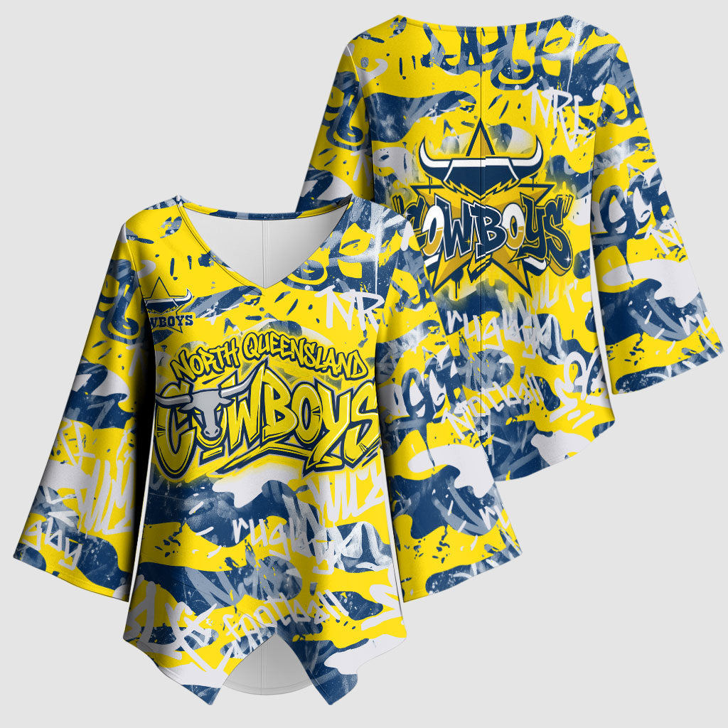 North Queensland Cowboys Rugby Kimono Sleeve Blouse Graffiti Typography Urban Camo Abstract Street Style