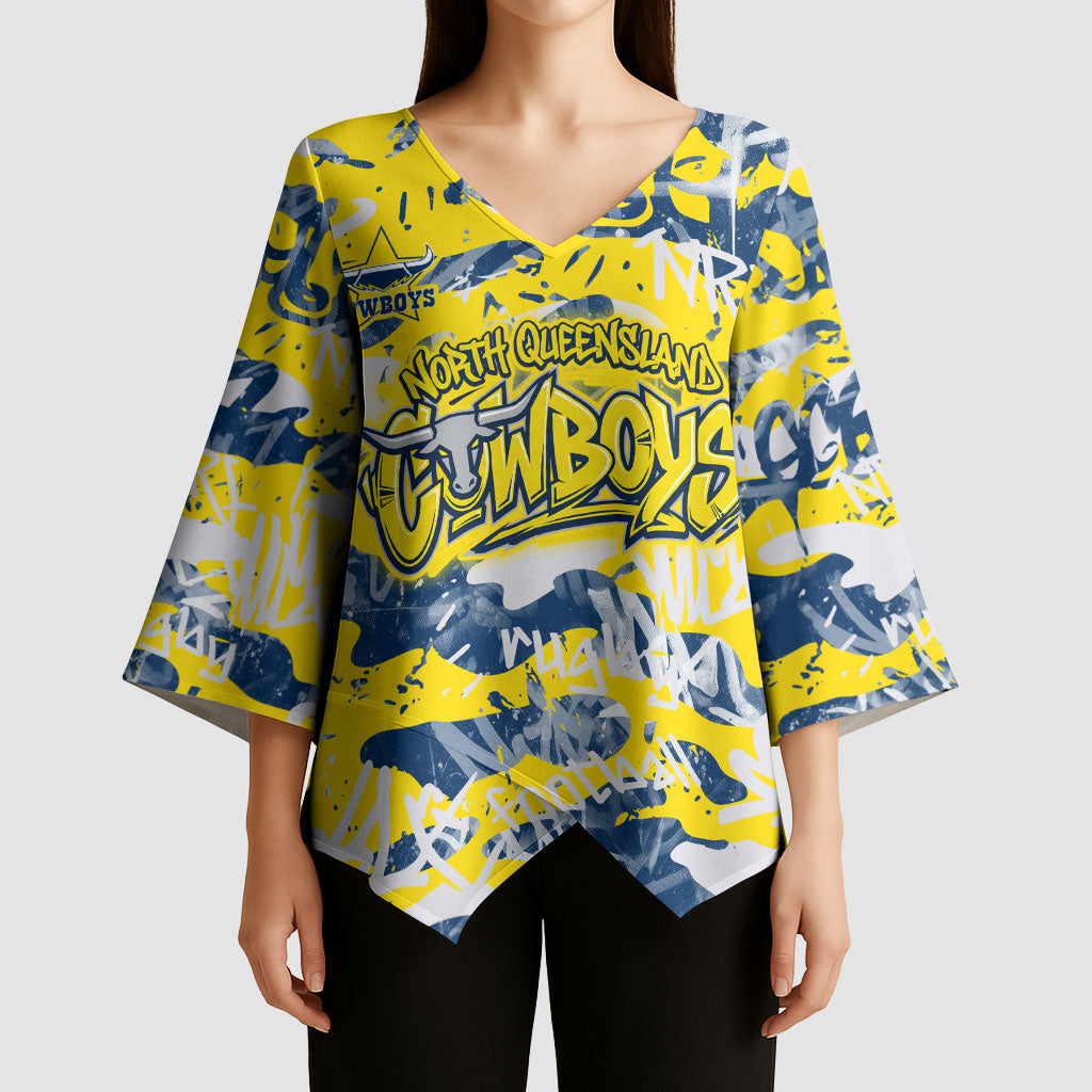 North Queensland Cowboys Rugby Kimono Sleeve Blouse Graffiti Typography Urban Camo Abstract Street Style