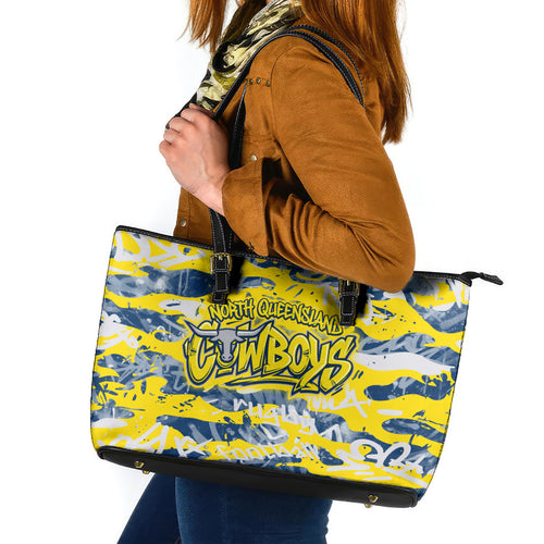 North Queensland Cowboys Rugby Leather Tote Bag Graffiti Typography Urban Camo Abstract Street Style