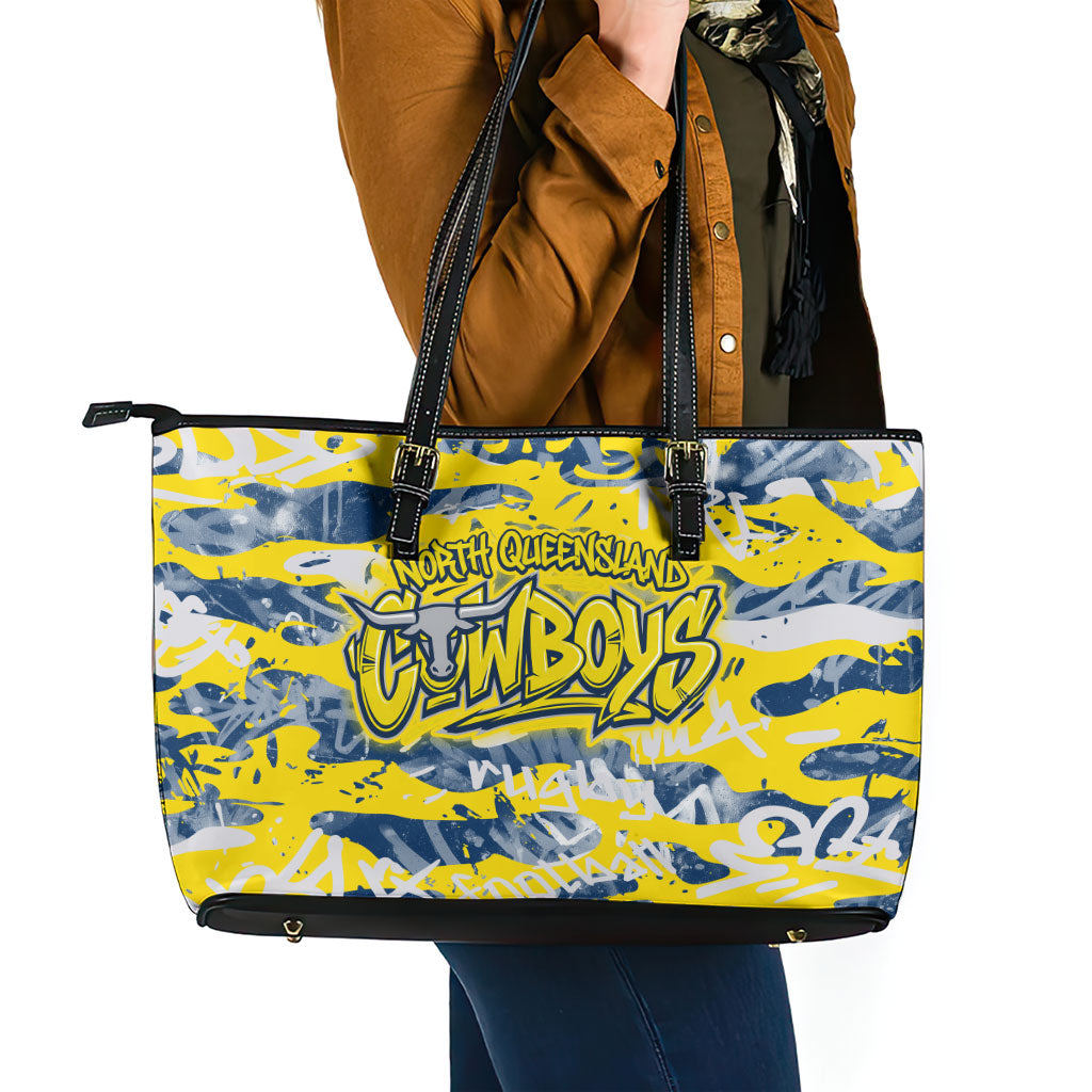 North Queensland Cowboys Rugby Leather Tote Bag Graffiti Typography Urban Camo Abstract Street Style
