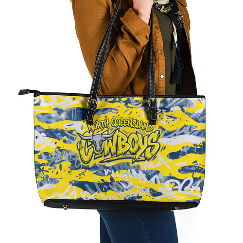 North Queensland Cowboys Rugby Leather Tote Bag Graffiti Typography Urban Camo Abstract Street Style
