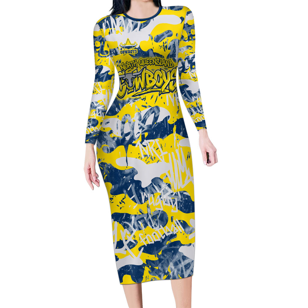 North Queensland Cowboys Rugby Long Sleeve Bodycon Dress Graffiti Typography Urban Camo Abstract Street Style