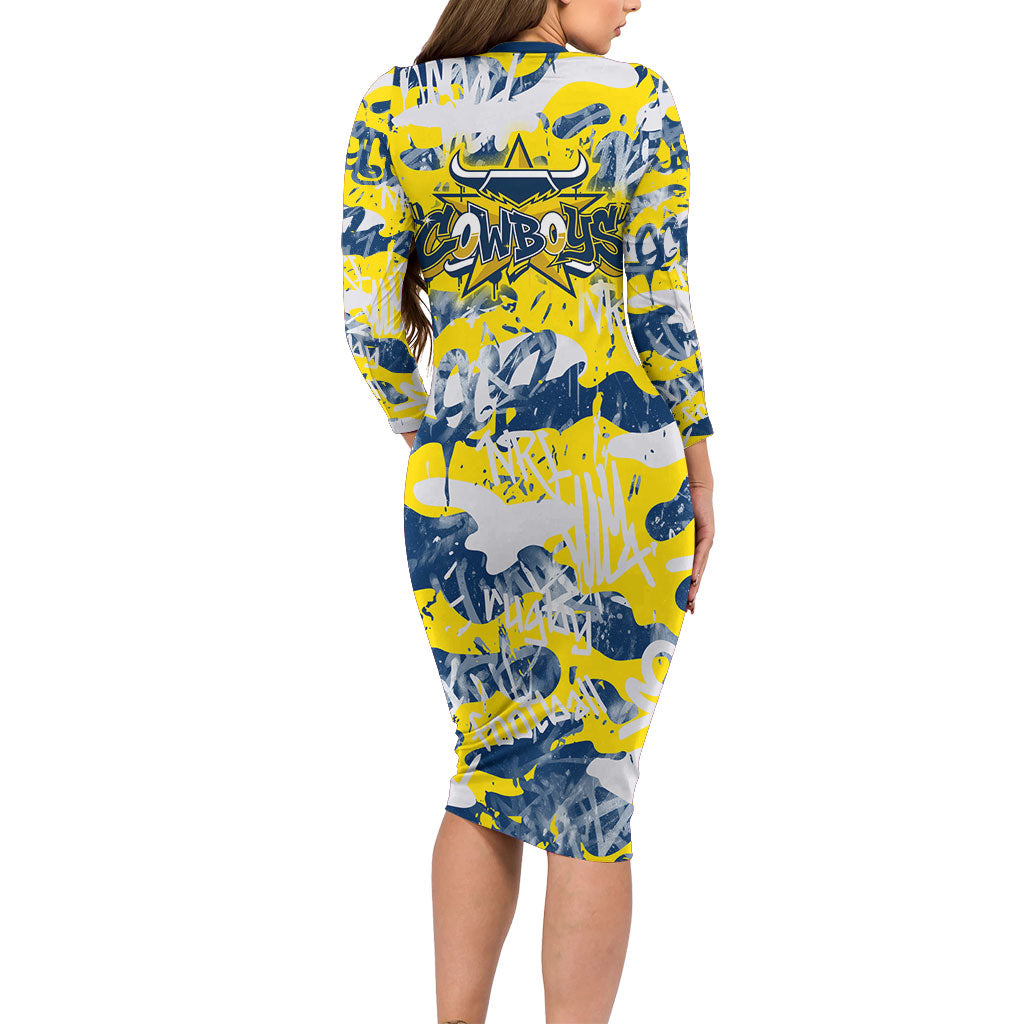 North Queensland Cowboys Rugby Long Sleeve Bodycon Dress Graffiti Typography Urban Camo Abstract Street Style