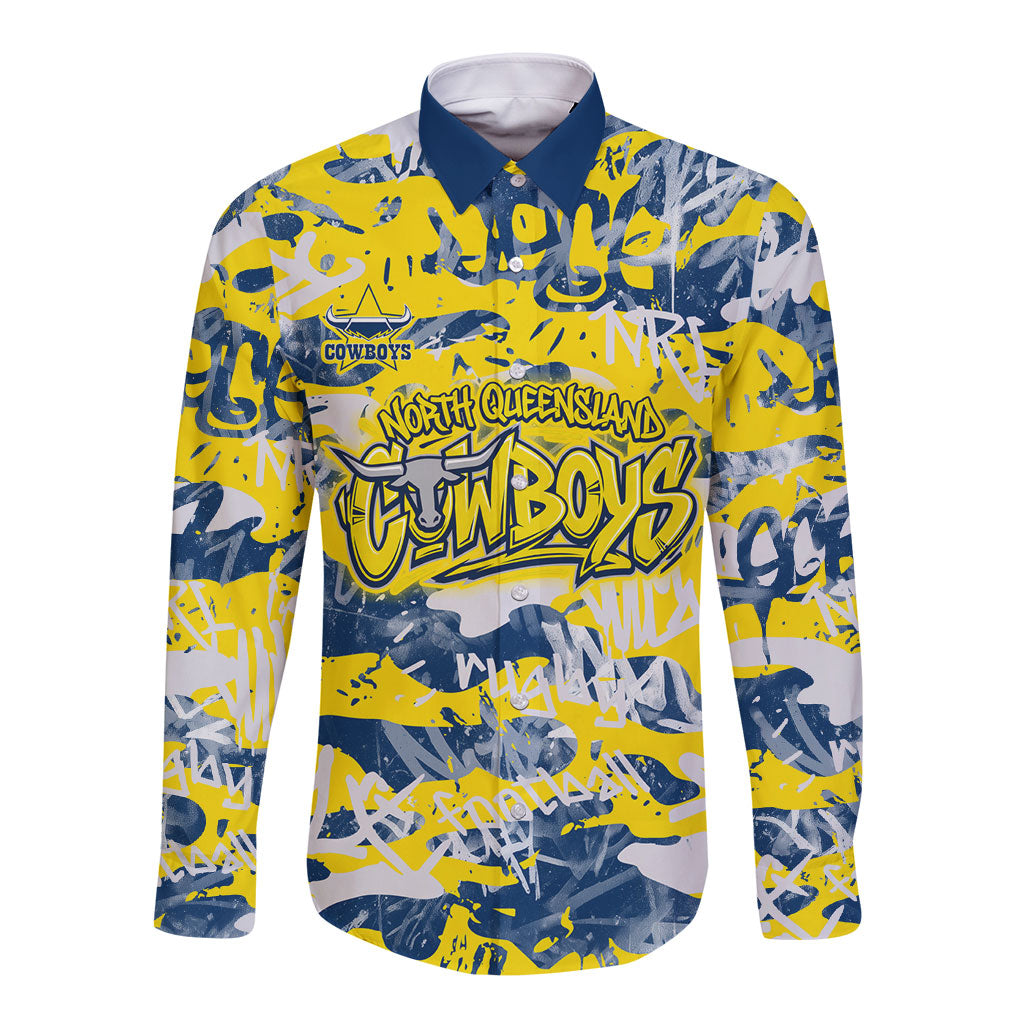 North Queensland Cowboys Rugby Long Sleeve Button Shirt Graffiti Typography Urban Camo Abstract Street Style