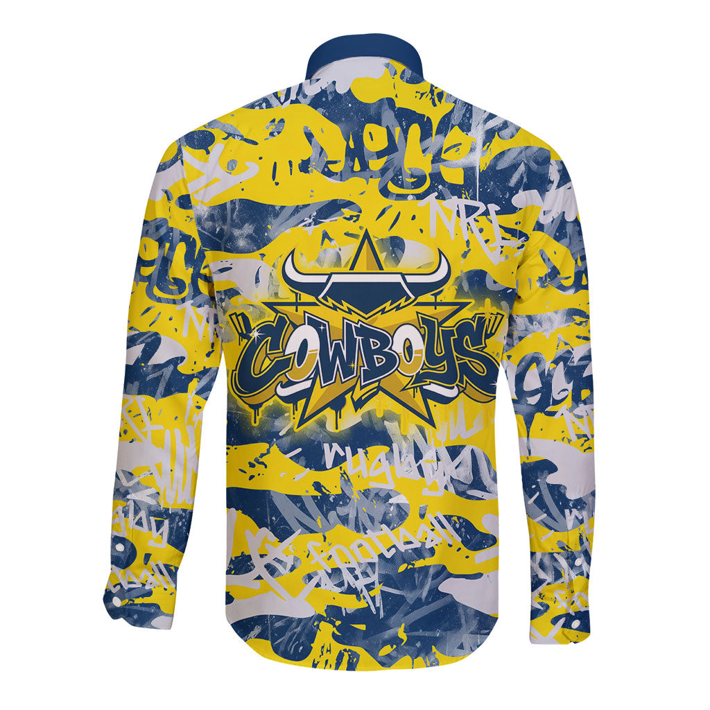 North Queensland Cowboys Rugby Long Sleeve Button Shirt Graffiti Typography Urban Camo Abstract Street Style