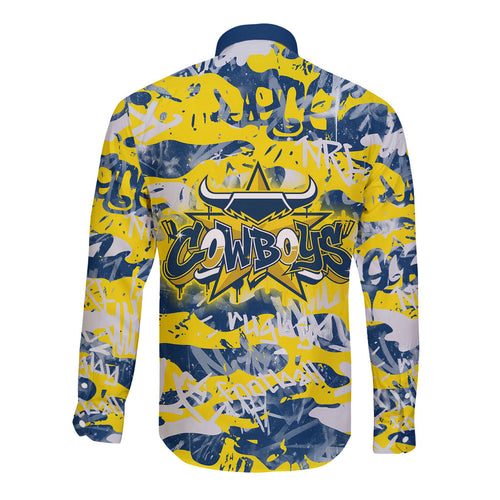 North Queensland Cowboys Rugby Long Sleeve Button Shirt Graffiti Typography Urban Camo Abstract Street Style