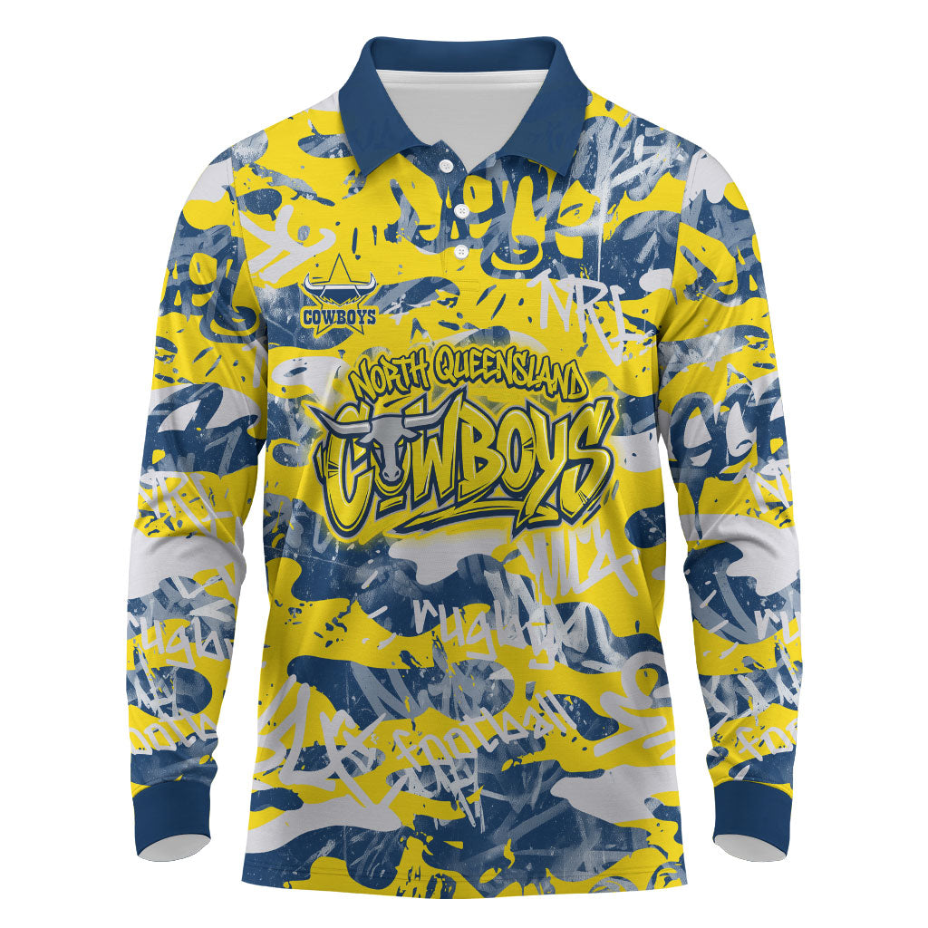 North Queensland Cowboys Rugby Long Sleeve Polo Shirt Graffiti Typography Urban Camo Abstract Street Style
