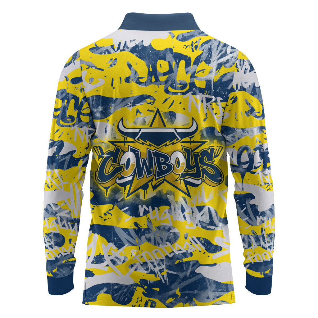 North Queensland Cowboys Rugby Long Sleeve Polo Shirt Graffiti Typography Urban Camo Abstract Street Style
