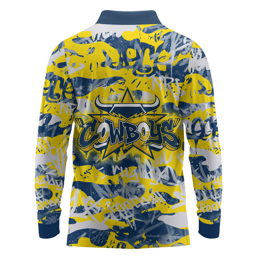North Queensland Cowboys Rugby Long Sleeve Polo Shirt Graffiti Typography Urban Camo Abstract Street Style