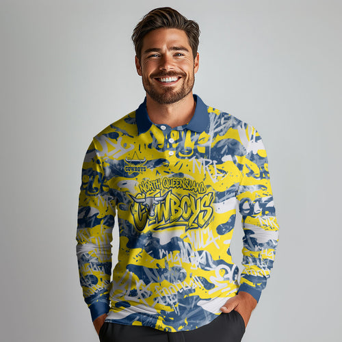 North Queensland Cowboys Rugby Long Sleeve Polo Shirt Graffiti Typography Urban Camo Abstract Street Style