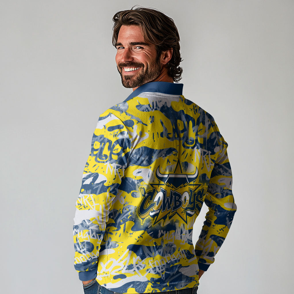 North Queensland Cowboys Rugby Long Sleeve Polo Shirt Graffiti Typography Urban Camo Abstract Street Style