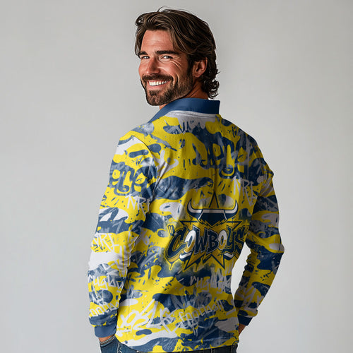 North Queensland Cowboys Rugby Long Sleeve Polo Shirt Graffiti Typography Urban Camo Abstract Street Style
