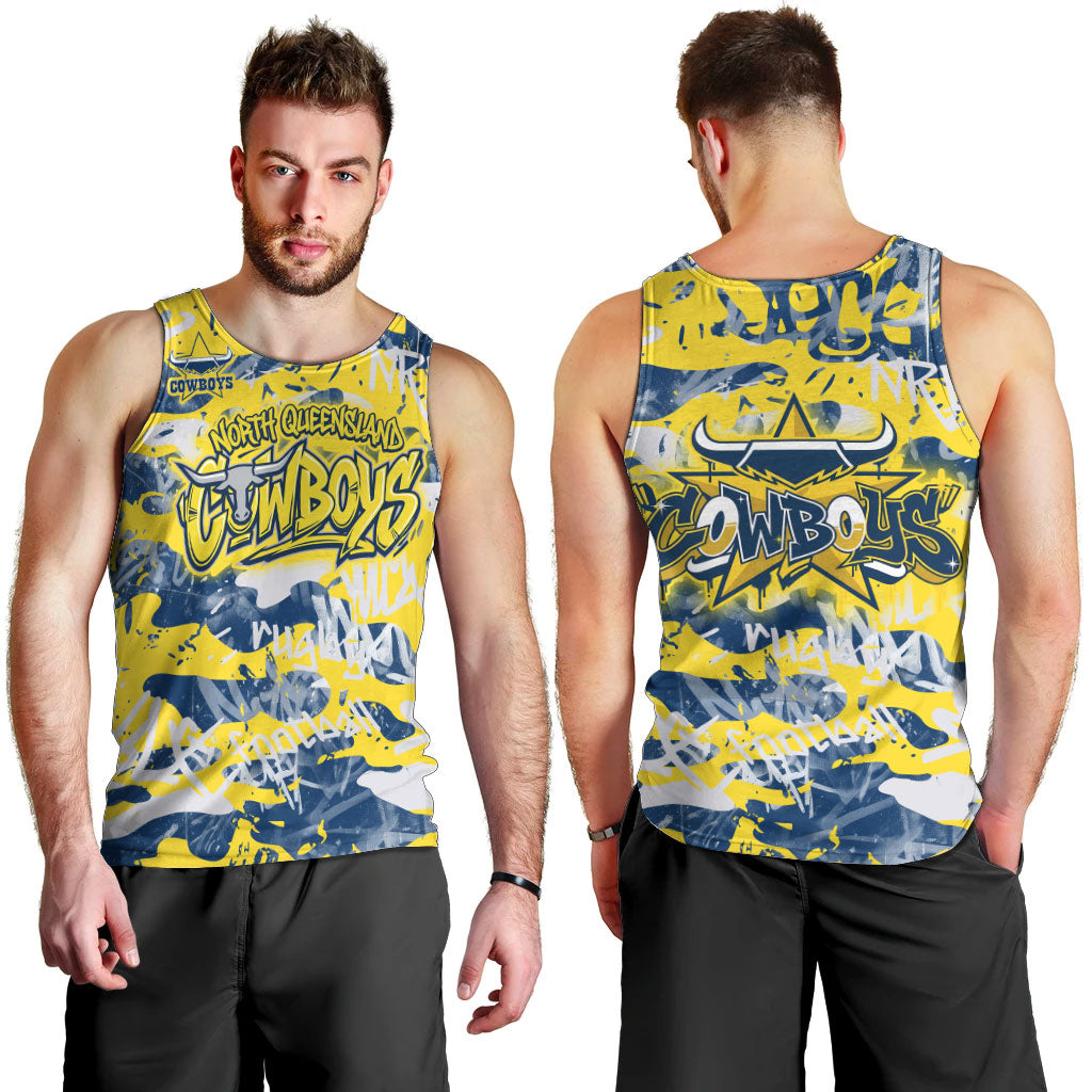 North Queensland Cowboys Rugby Men Tank Top Graffiti Typography Urban Camo Abstract Street Style