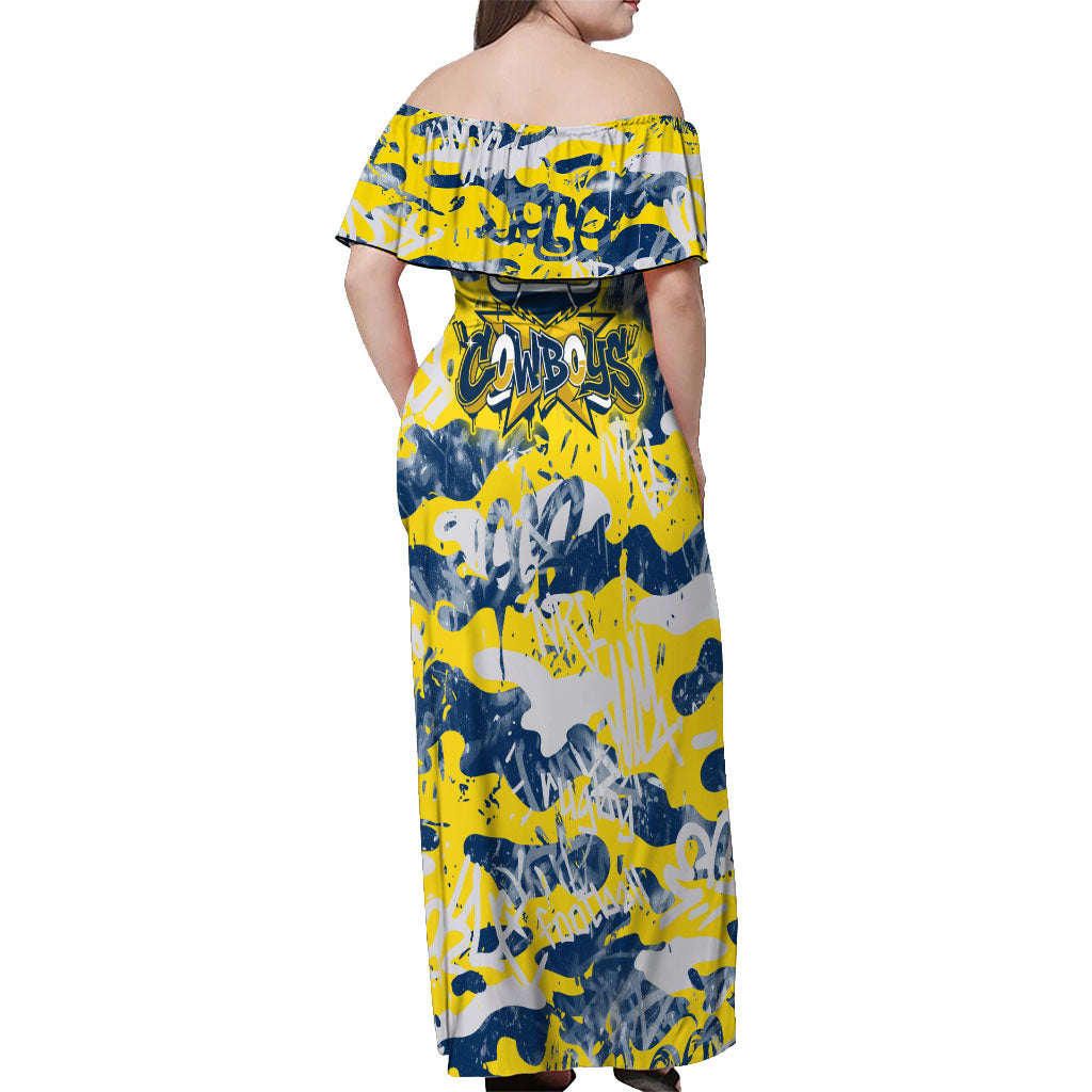 North Queensland Cowboys Rugby Off Shoulder Maxi Dress Graffiti Typography Urban Camo Abstract Street Style