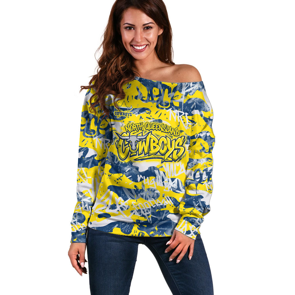 North Queensland Cowboys Rugby Off Shoulder Sweater Graffiti Typography Urban Camo Abstract Street Style