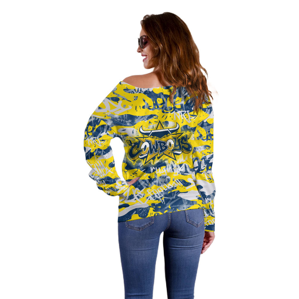 North Queensland Cowboys Rugby Off Shoulder Sweater Graffiti Typography Urban Camo Abstract Street Style