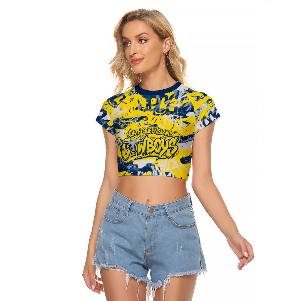 North Queensland Cowboys Rugby Raglan Cropped T Shirt Graffiti Typography Urban Camo Abstract Street Style