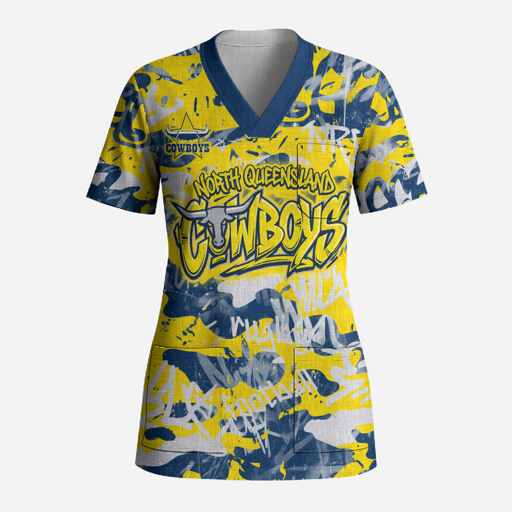 North Queensland Cowboys Rugby Scrub Top Graffiti Typography Urban Camo Abstract Street Style