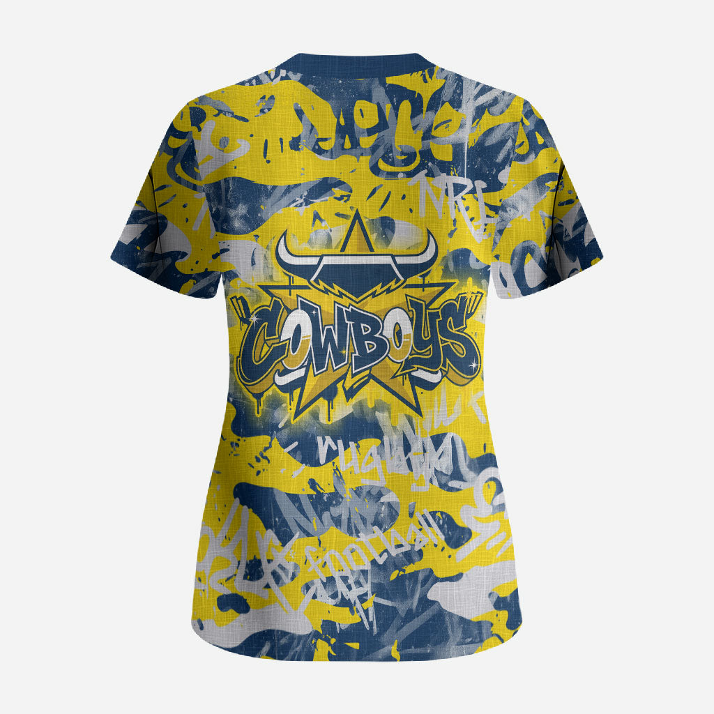 North Queensland Cowboys Rugby Scrub Top Graffiti Typography Urban Camo Abstract Street Style