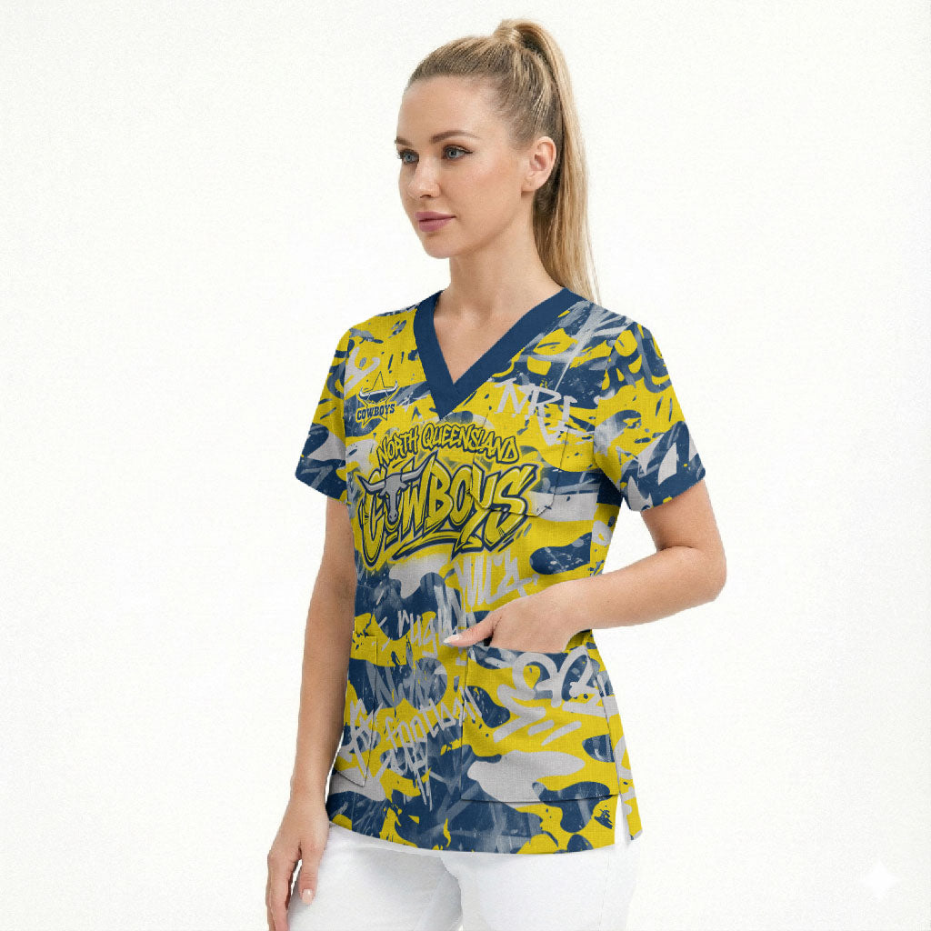 North Queensland Cowboys Rugby Scrub Top Graffiti Typography Urban Camo Abstract Street Style