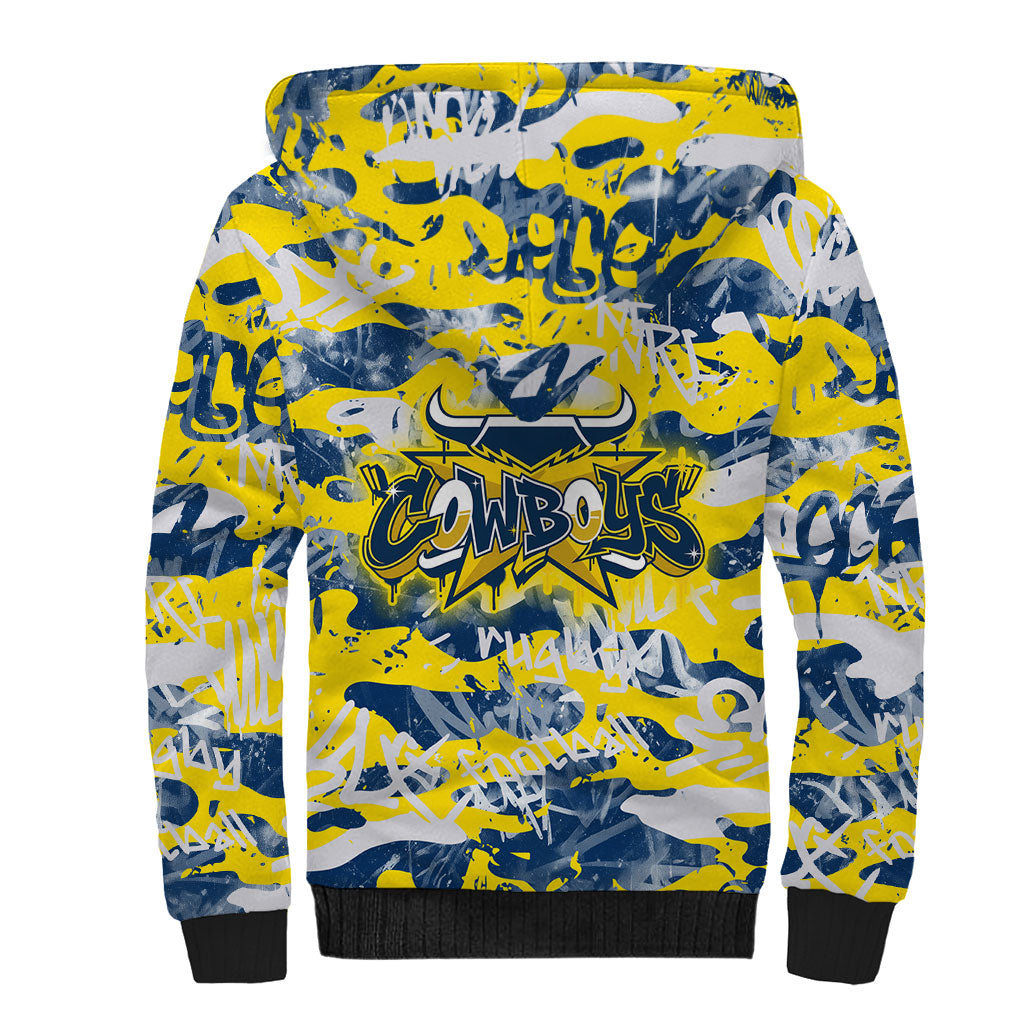 North Queensland Cowboys Rugby Sherpa Hoodie Graffiti Typography Urban Camo Abstract Street Style