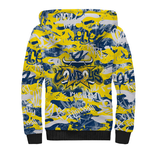 North Queensland Cowboys Rugby Sherpa Hoodie Graffiti Typography Urban Camo Abstract Street Style