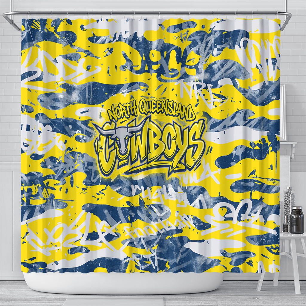 North Queensland Cowboys Rugby Shower Curtain Graffiti Typography Urban Camo Abstract Street Style