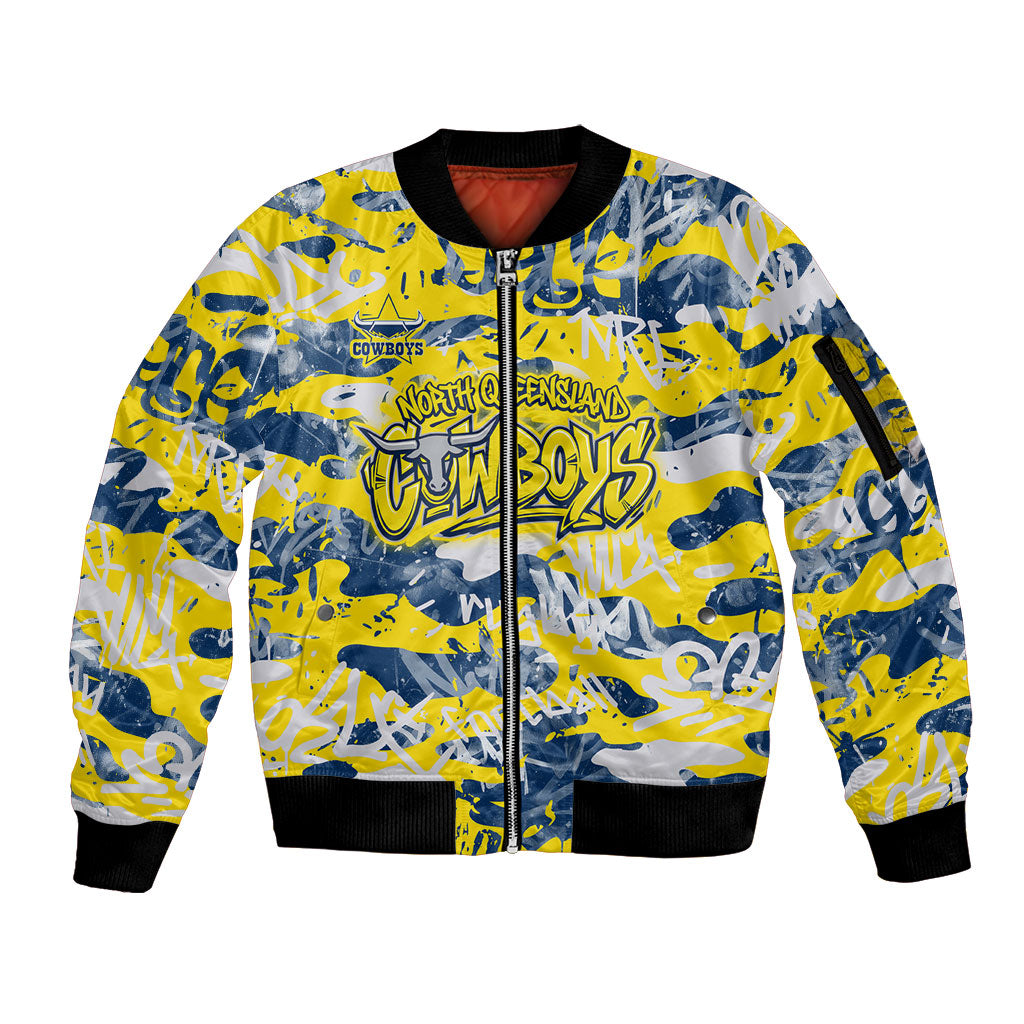 North Queensland Cowboys Rugby Sleeve Zip Bomber Jacket Graffiti Typography Urban Camo Abstract Street Style