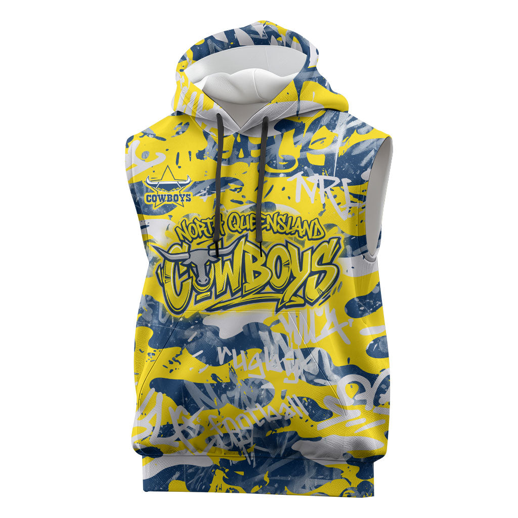 North Queensland Cowboys Rugby Sleeveless Hoodie Graffiti Typography Urban Camo Abstract Street Style