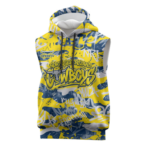 North Queensland Cowboys Rugby Sleeveless Hoodie Graffiti Typography Urban Camo Abstract Street Style
