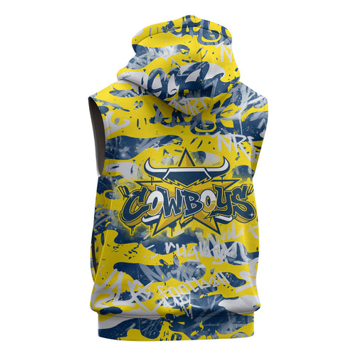 North Queensland Cowboys Rugby Sleeveless Hoodie Graffiti Typography Urban Camo Abstract Street Style