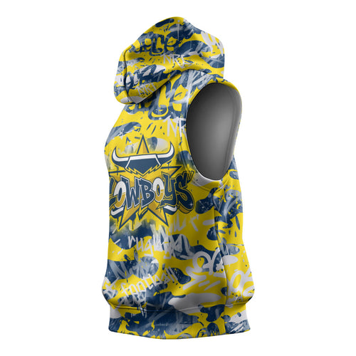 North Queensland Cowboys Rugby Sleeveless Hoodie Graffiti Typography Urban Camo Abstract Street Style
