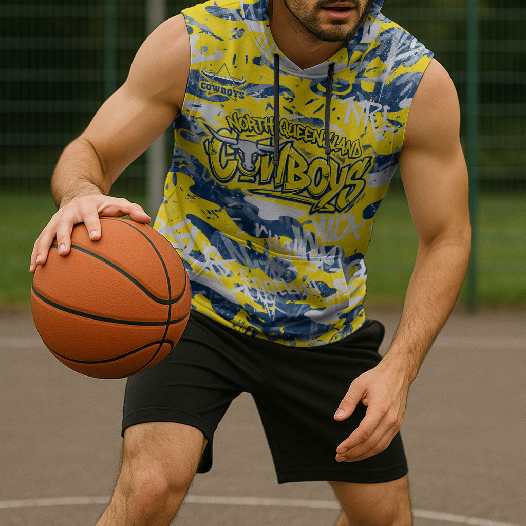 North Queensland Cowboys Rugby Sleeveless Hoodie Graffiti Typography Urban Camo Abstract Street Style