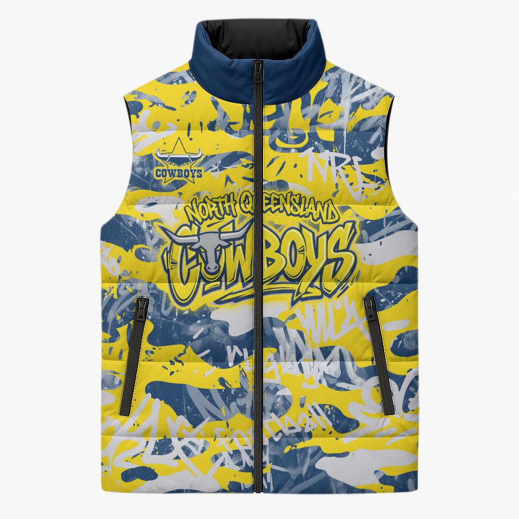 North Queensland Cowboys Rugby Sleeveless Puffer Jacket Graffiti Typography Urban Camo Abstract Street Style