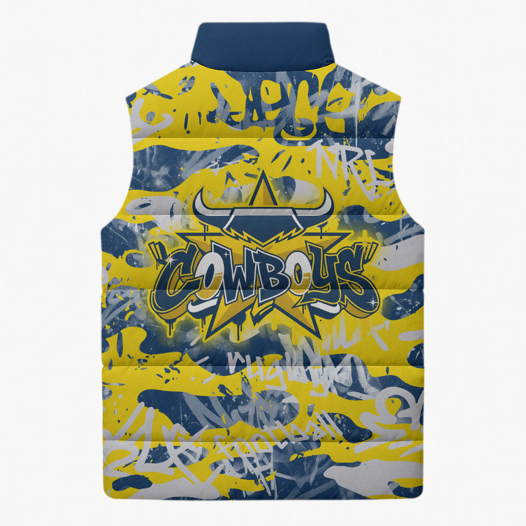 North Queensland Cowboys Rugby Sleeveless Puffer Jacket Graffiti Typography Urban Camo Abstract Street Style