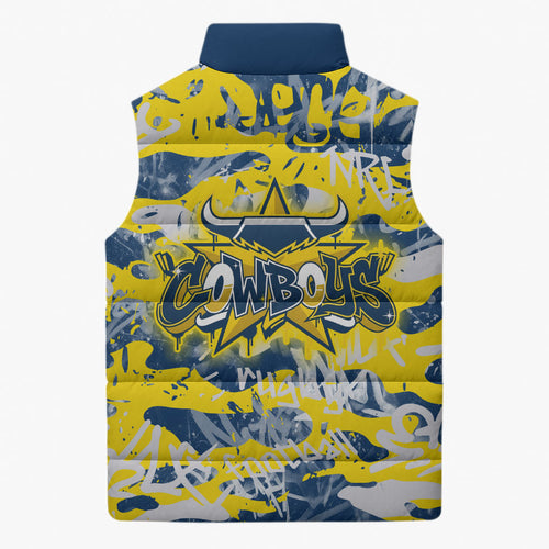 North Queensland Cowboys Rugby Sleeveless Puffer Jacket Graffiti Typography Urban Camo Abstract Street Style
