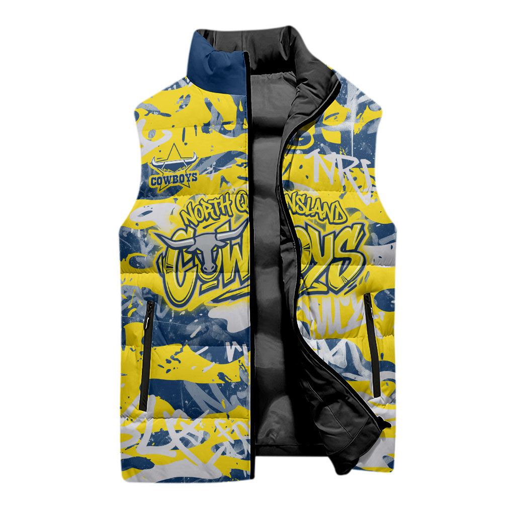 North Queensland Cowboys Rugby Sleeveless Puffer Jacket Graffiti Typography Urban Camo Abstract Street Style