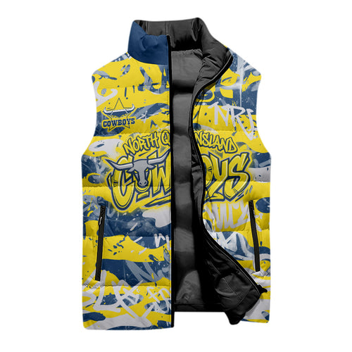 North Queensland Cowboys Rugby Sleeveless Puffer Jacket Graffiti Typography Urban Camo Abstract Street Style