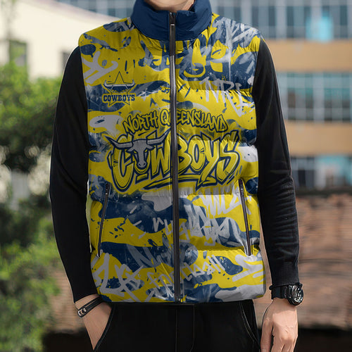 North Queensland Cowboys Rugby Sleeveless Puffer Jacket Graffiti Typography Urban Camo Abstract Street Style