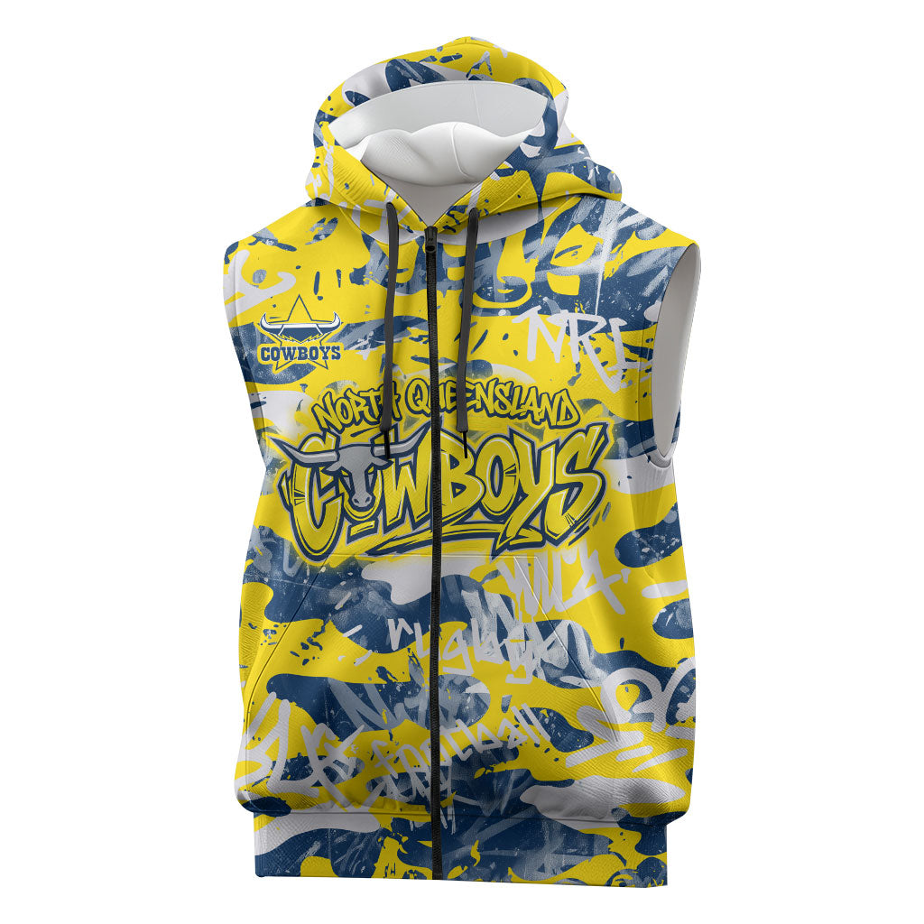 North Queensland Cowboys Rugby Sleeveless Zip Hoodie Graffiti Typography Urban Camo Abstract Street Style