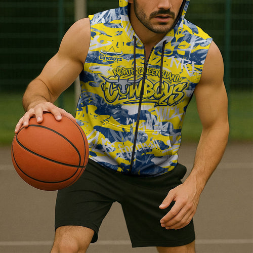 North Queensland Cowboys Rugby Sleeveless Zip Hoodie Graffiti Typography Urban Camo Abstract Street Style