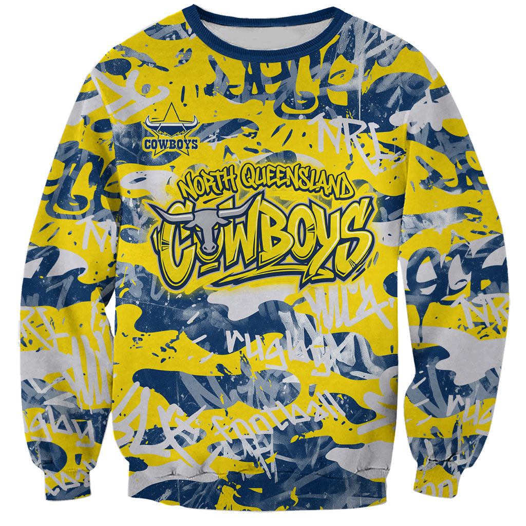 North Queensland Cowboys Rugby Sweatshirt Graffiti Typography Urban Camo Abstract Street Style