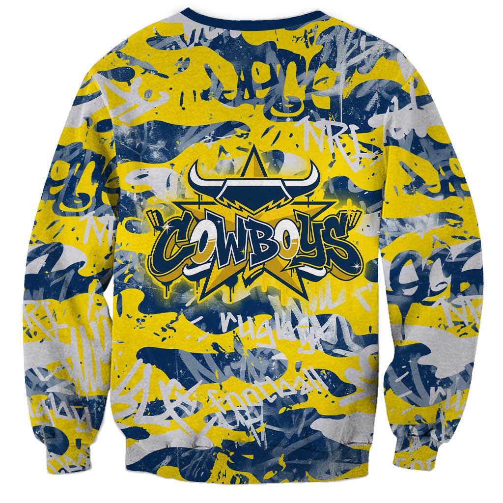 North Queensland Cowboys Rugby Sweatshirt Graffiti Typography Urban Camo Abstract Street Style