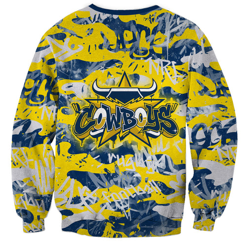 North Queensland Cowboys Rugby Sweatshirt Graffiti Typography Urban Camo Abstract Street Style
