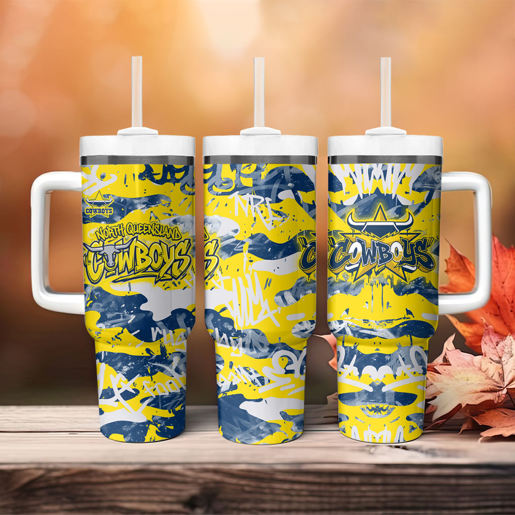 North Queensland Cowboys Rugby Tumbler With Handle Graffiti Typography Urban Camo Abstract Street Style
