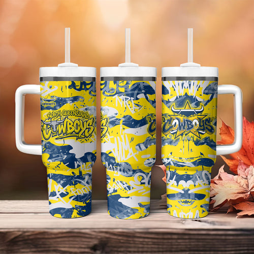 North Queensland Cowboys Rugby Tumbler With Handle Graffiti Typography Urban Camo Abstract Street Style