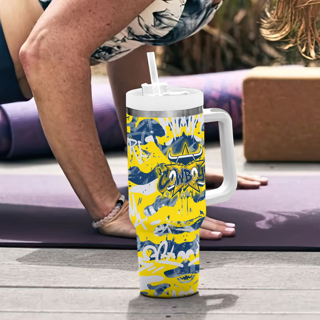 North Queensland Cowboys Rugby Tumbler With Handle Graffiti Typography Urban Camo Abstract Street Style